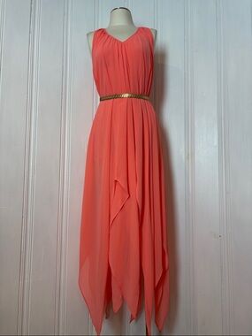 MICHAEL KORS Coral Pink Flowing Handkerchief Hem Maxi Dress - Size M
